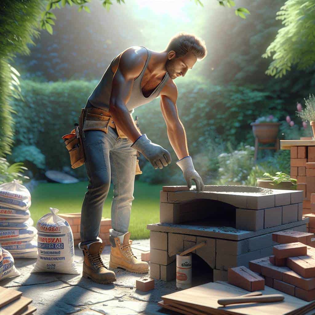 Building a backyard pizza oven outdoors.