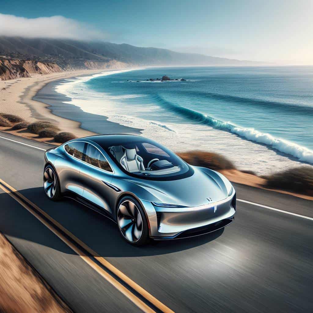 Electric vehicle trends on scenic coastal road.