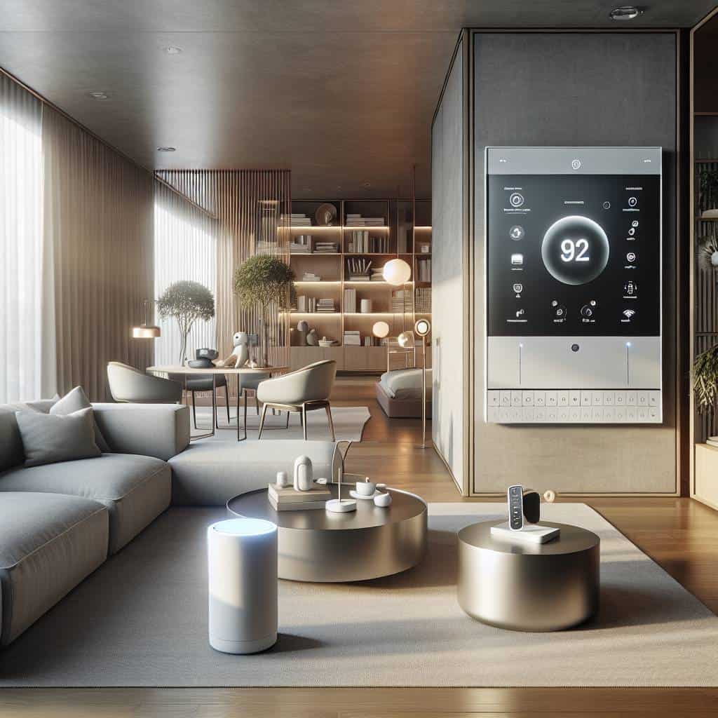 Futuristic home automation in modern living room.