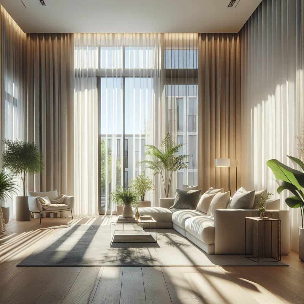 Layered window treatments in cozy living room.