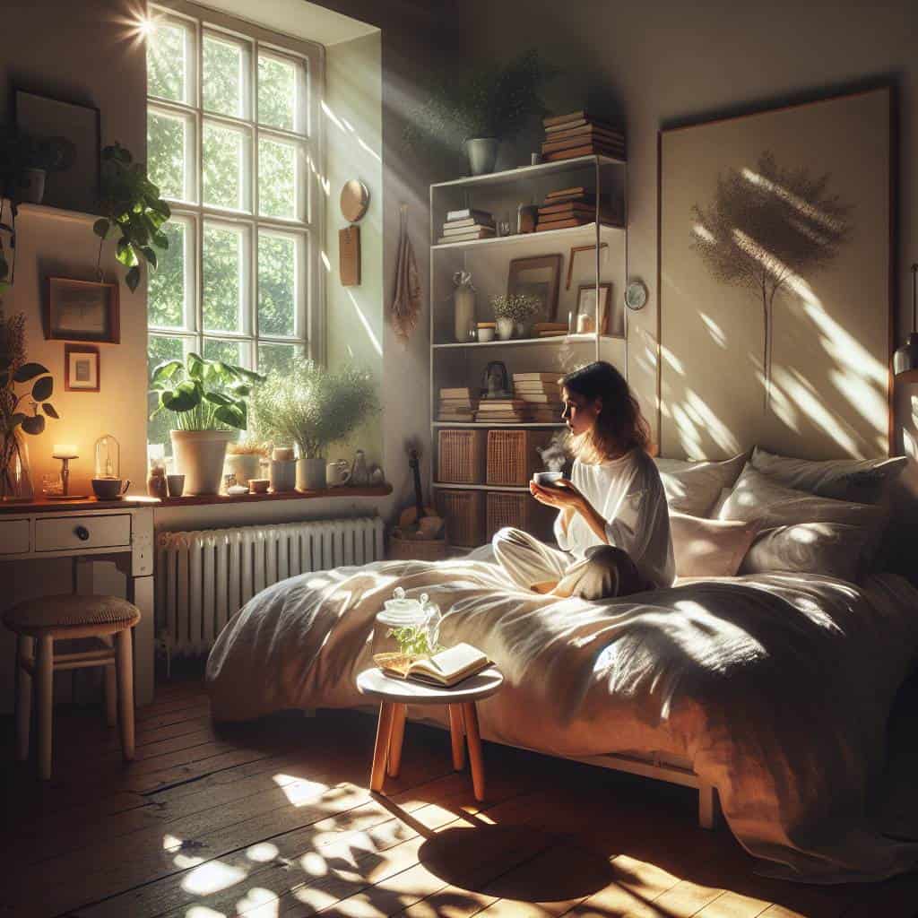 Morning routine ideas in cozy bedroom.