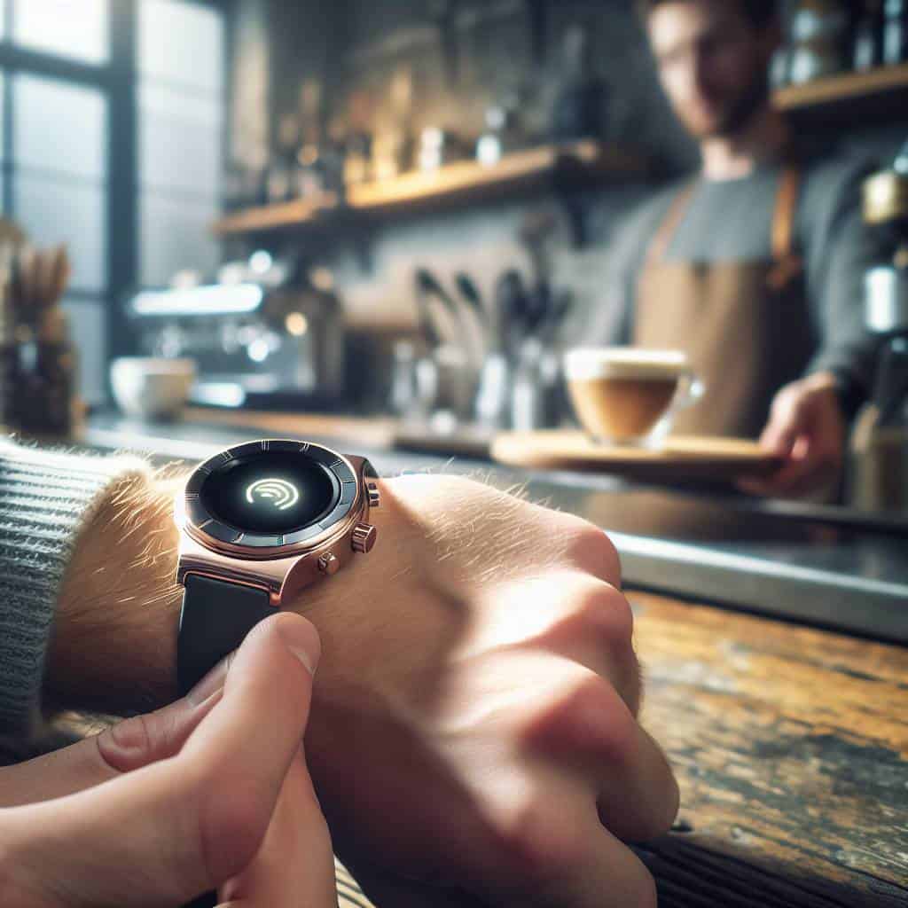 Wearable payment technology smartwatch in coffee shop.